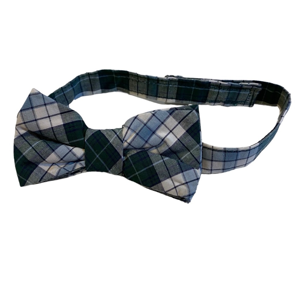 Children's boys bowtie blue white plaid hook and loop closure